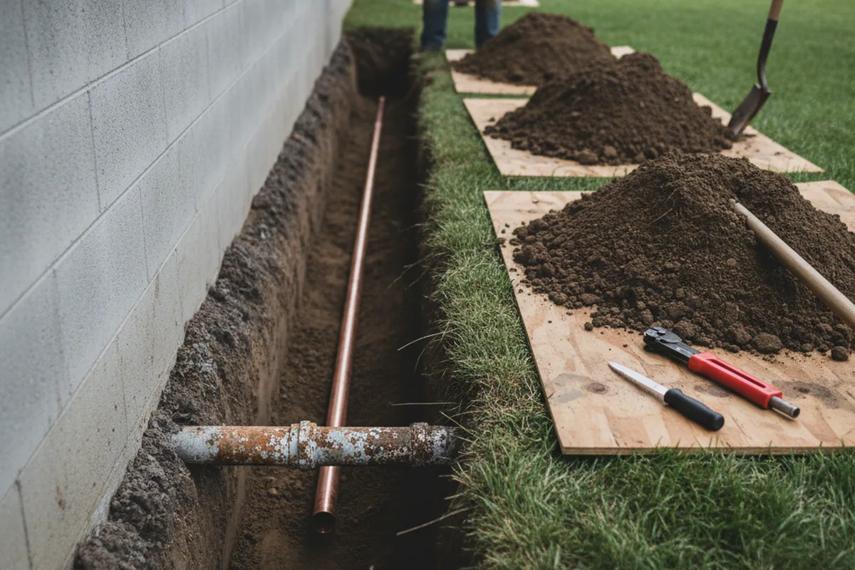 Excavated water line trench during Sewer Line Repair in Parksville